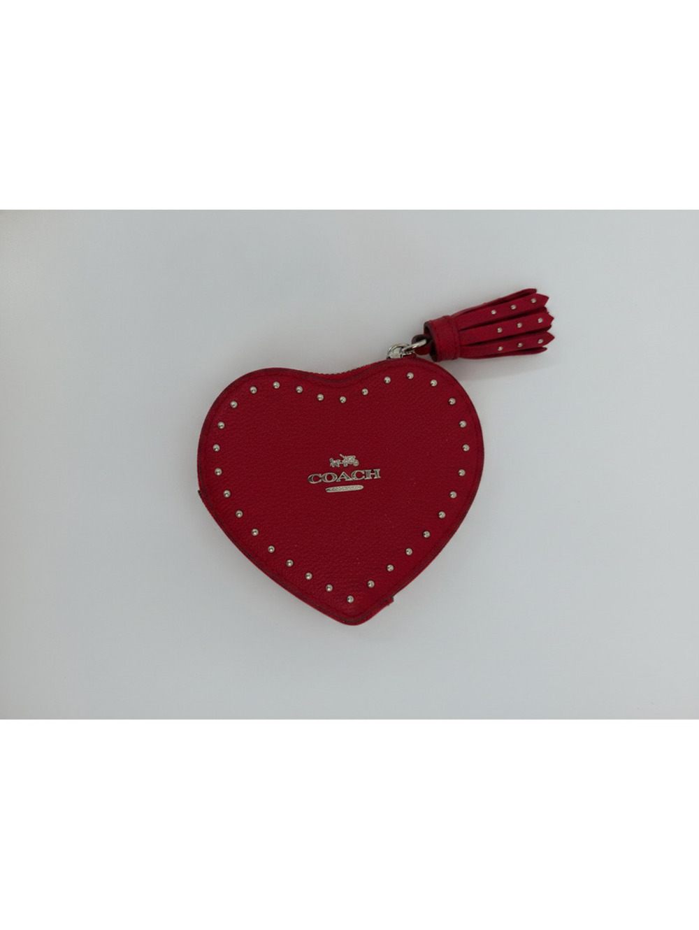 Coach Red Heart-Shaped Leather Coin Purse w/ Studded Details Tassel Zipper Pull